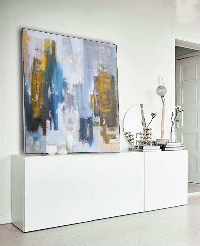 Extra Large Painting,Abstract Landscape Oil Painting,Hand Painted Original Art,White,Purple Grey,Yellow,Blue